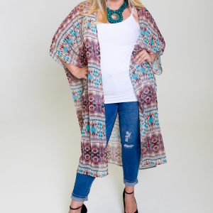 Product Image and Link for Plus Size Teal/Brown/Burgundy Maxi Kimono Duster with Side Slits