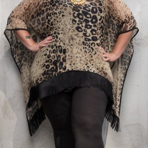 Product Image and Link for Plus Size Fringed Black/Tan Animal Print Poncho