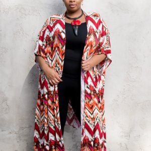 Product Image and Link for Plus Size Bold Red/White Chevron Print Maxi Kimono Duster with Side Slits