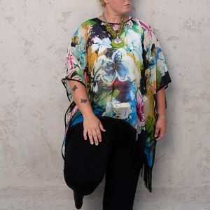 Product Image and Link for Plus Size Fringed Bold Blue Floral Print Poncho