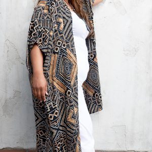 California Shop Small Plus Size Black/Brown Ethnic Print Maxi Kimono Duster with Side Slits
