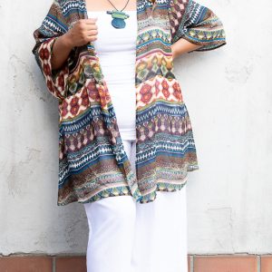 California Shop Small Plus Size Green Multi -Colored Mid-Sleeve Short Kimono Duster