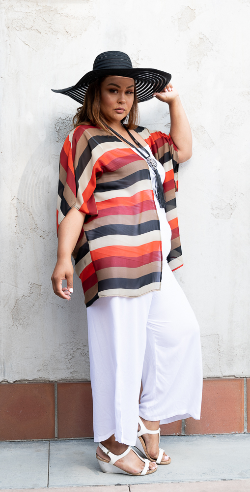 California Shop Small Plus Size Bold Red/Black/Tan Bold Stripe Kimono Jacket