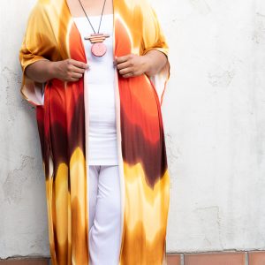 Product Image and Link for Plus Size Orange/Yellow/Brown Wave Print Maxi Kimono Duster with Side Slits