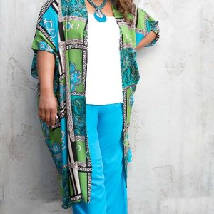 Product Image and Link for Plus Size Bold Green/Blue Print Maxi Kimono Duster