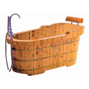 Product Image and Link for 61 inch Free Standing Cedar Wooden Bathtub with Fixtures & Headrest – ALFI brand AB1139