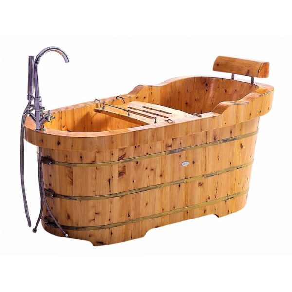 Product Image and Link for 61 inch Free Standing Cedar Wooden Bathtub with Fixtures & Headrest – ALFI brand AB1139