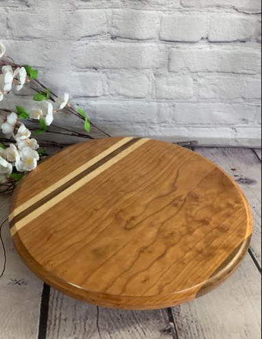 California Shop Small Custom Initialed Lazy Susan – Solid Cedar with a Maple and Walnut Stripe