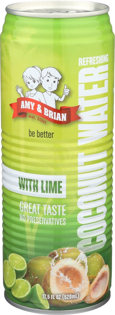 Product Image and Link for Amy & Brian Pure Coconut Water with Lime, Non-GMO, No Sugar Added, Refreshing and Hydrating Real Coconut Water, 17.5oz Cans (Pack of 12)