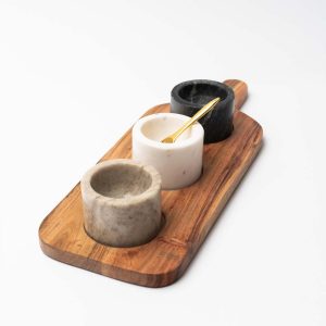 Product Image and Link for Acacia Wood Board W/ 3 Marble Pinch Pots & Brass Spoon, Set Of 5