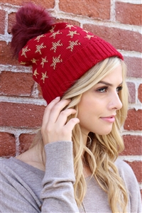 California Shop Small Gold Stars Embroidered Beanie Red