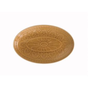 California Shop Small Debossed Stoneware Oval Platter, Crackle Glaze, Mustard Color