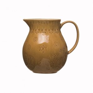 Product Image and Link for Debossed Stoneware Pitcher, Crackle Glaze, Mustard Color (32oz)