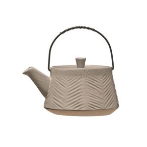 California Shop Small Debossed Stoneware Teapot W/ Metal Strainer, Reactive Glaze, Grey