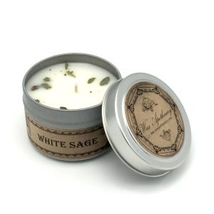 Product Image and Link for WHITE SAGE 4OZ BOTANICAL CANDLE TRAVEL TIN by Wax Apothecary