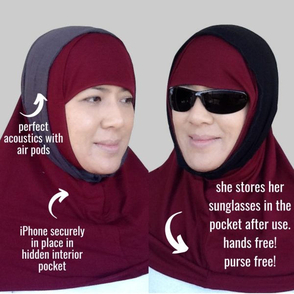 California Shop Small Innovative Hijab with Hidden Pocket – Maroon & Black