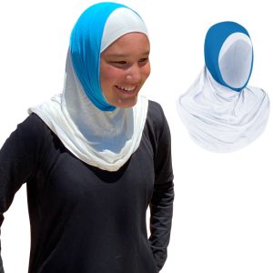 Product Image and Link for Innovative Hijab with Hidden Pocket – White & Blue