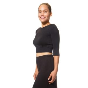 Product Image and Link for Tzniut Shell Crop Top Yoga Shirt – Black