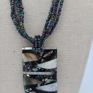 Product Image: Iridescent Beaded Necklace – Inlaid Shell Pendant