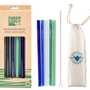 Product Image: Glass Straw Set – ALOHA Mixed Colors – Includes 5 Beautiful, Colorful, Reusable Glass Straws, Carry Bag, & Cleaner