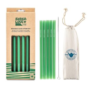 Product Image and Link for Glass Straw Set – Sea Foam Green – Includes 5 Beautiful, Colorful, Reusable Glass Straws, Carry Bag, & Cleaner
