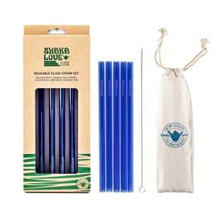 Product Image: Glass Straw Set – Sky Blue – Includes 5 Beautiful, Colorful, Reusable Glass Straws, Carry Bag, & Cleaner