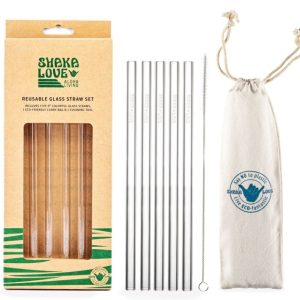 Product Image: Glass Straw Set – Crystal Clear – Includes 5 Beautiful, Clear, Reusable Glass Straws, Carry Bag, & Cleaner