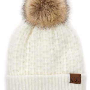 Product Image: Solid Smocked Stitch Fur Pom C.C. Beanie Hat