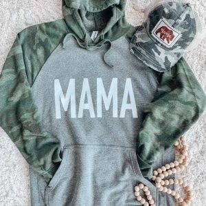 California Shop Small “Mama” Grey and Green Camo Pull-Over Hoodie