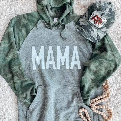 Product Image and Link for “Mama” Grey and Green Camo Pull-Over Hoodie