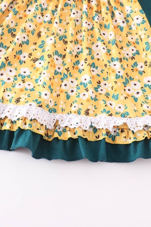 California Shop Small Girls Green & Mustard Floral Twirl Dress