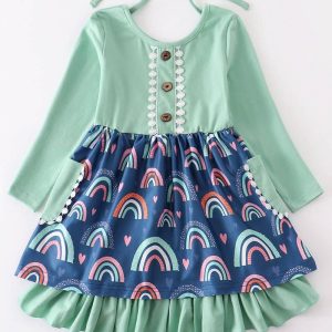 Product Image and Link for Girls Mint Rainbow Pocket Dress