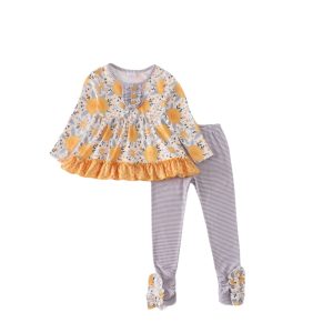 Product Image and Link for Girls Mustard & Grey Floral Ruffle Two Piece Set