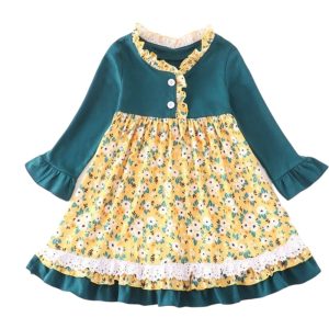 Product Image and Link for Girls Green & Mustard Floral Twirl Dress