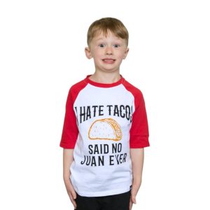 Product Image and Link for Is it Tuesday? TACO TUESDAY??!! Boys white and Red Raglan Baseball Style Shirt
