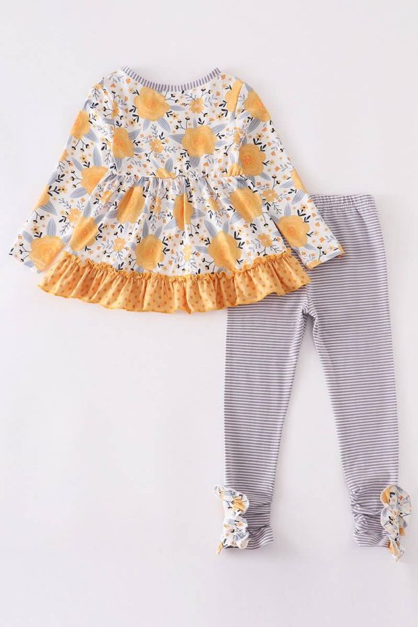 Product Image and Link for Girls Mustard & Grey Floral Ruffle Two Piece Set