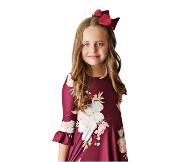 California Shop Small Girls Floral Ruffle Twirl  Maxi Dress in Wine