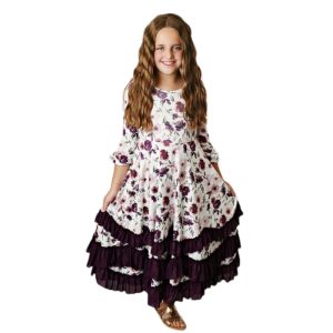 Product Image and Link for Girls Wine Floral Ruffles Maxi Dress