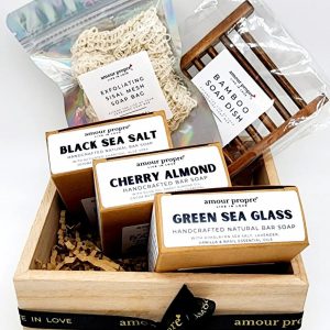 Product Image and Link for Soap Gift Box: 3 Bar Soap Bundle with Bamboo Soap Saver and Exfoliating Scrubber