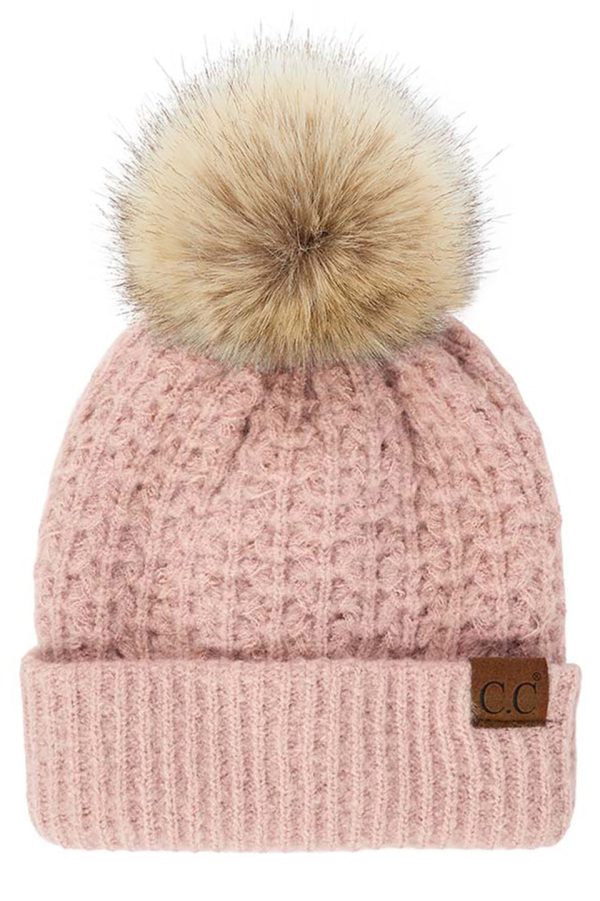 Product Image and Link for Solid Smocked Stitch Fur Pom C.C. Beanie Hat