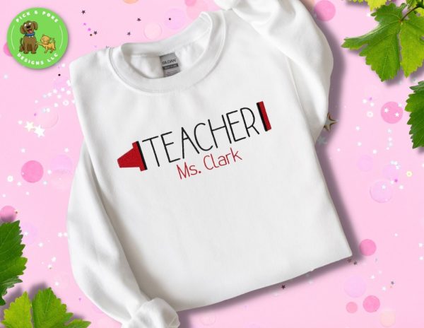 Product Image and Link for Embroidered Crayon Teacher White Crewneck Sweatshirt Personalized with Your Name or School Name