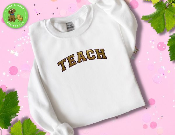 Product Image and Link for Embroidered Teach Shirt with Gold Glitter Canvas and Satin Stitch Border