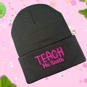 Product Image and Link for Personalized Teacher Beanie Cap | Black Knit Hat with Embroidered Name