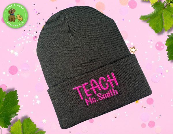 Product Image and Link for Personalized Teacher Beanie Cap | Black Knit Hat with Embroidered Name