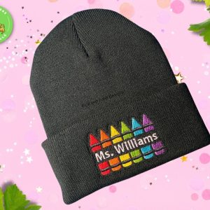 Product Image and Link for Personalized Crayon Teacher Beanie Cap | Black Knit Hat with Embroidered Name