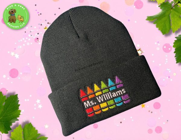 Product Image and Link for Personalized Crayon Teacher Beanie Cap | Black Knit Hat with Embroidered Name