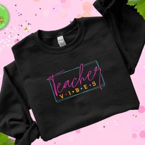 Product Image and Link for Embroidered Teacher Vibes Sweatshirt | Black Crewneck