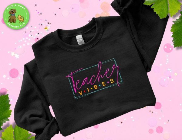 Product Image and Link for Embroidered Teacher Vibes Sweatshirt | Black Crewneck