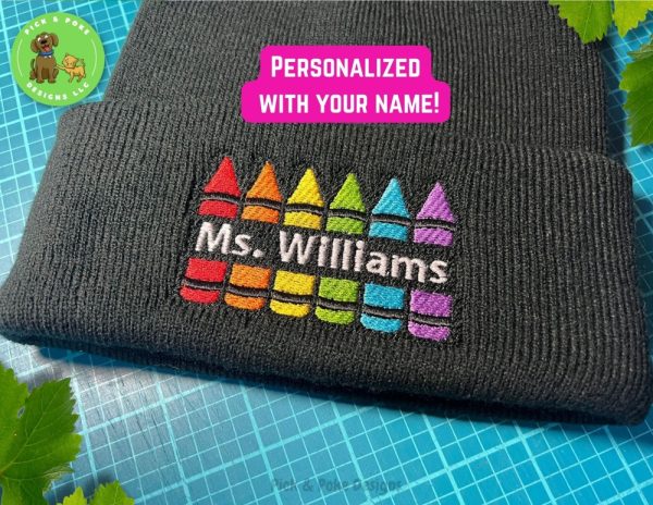 Product Image and Link for Personalized Crayon Teacher Beanie Cap | Black Knit Hat with Embroidered Name