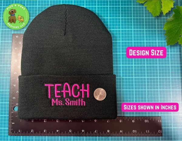 Product Image and Link for Personalized Teacher Beanie Cap | Black Knit Hat with Embroidered Name